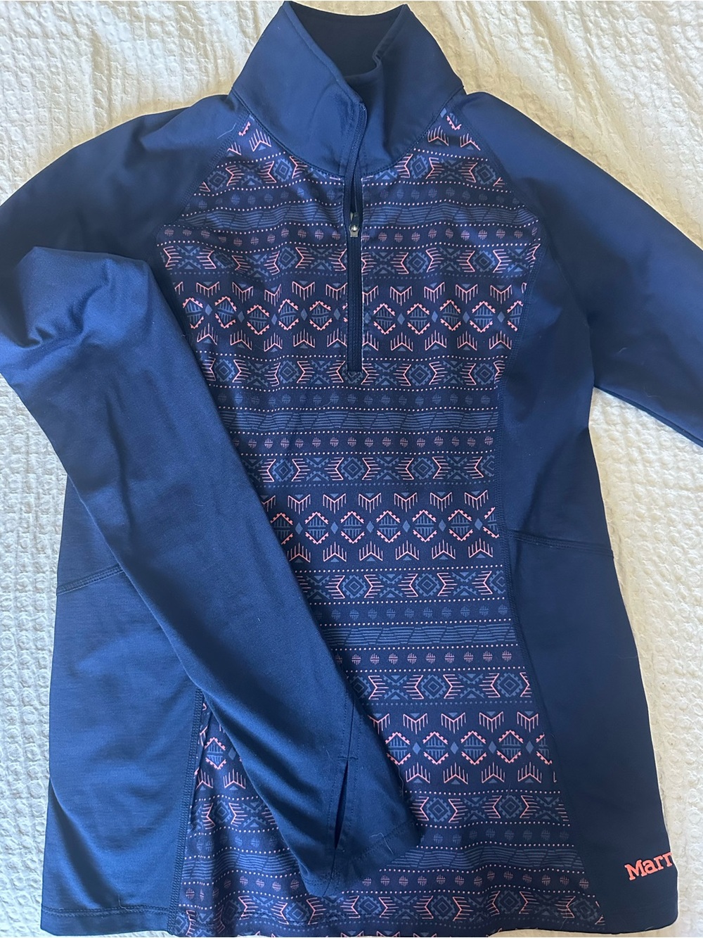 Marmot Woman’s Navy Quarter-Zip Pullover with Pink Patterned Front